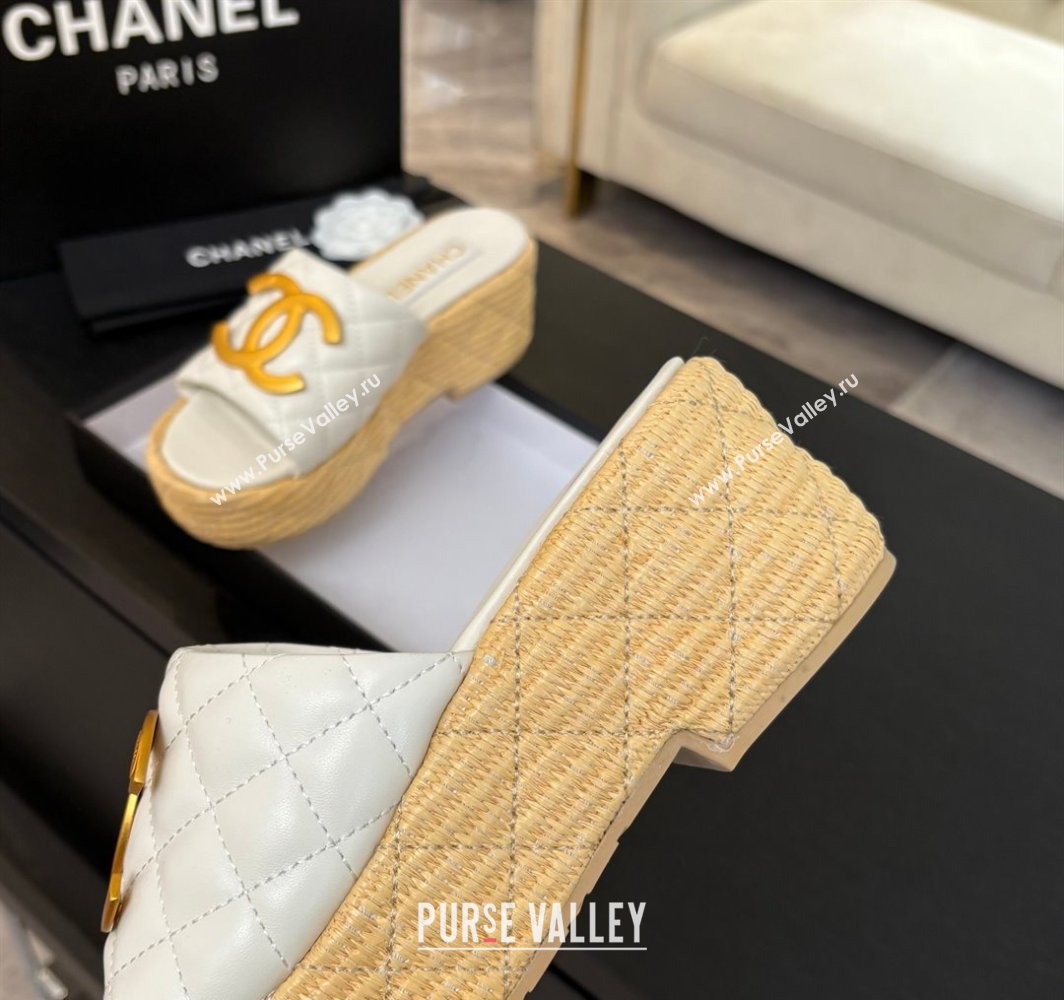 Chanel Shiny Calfskin Wedge Slides Sandal with Metal-Tone CC White 2025 CH030409 (MD-250304128)