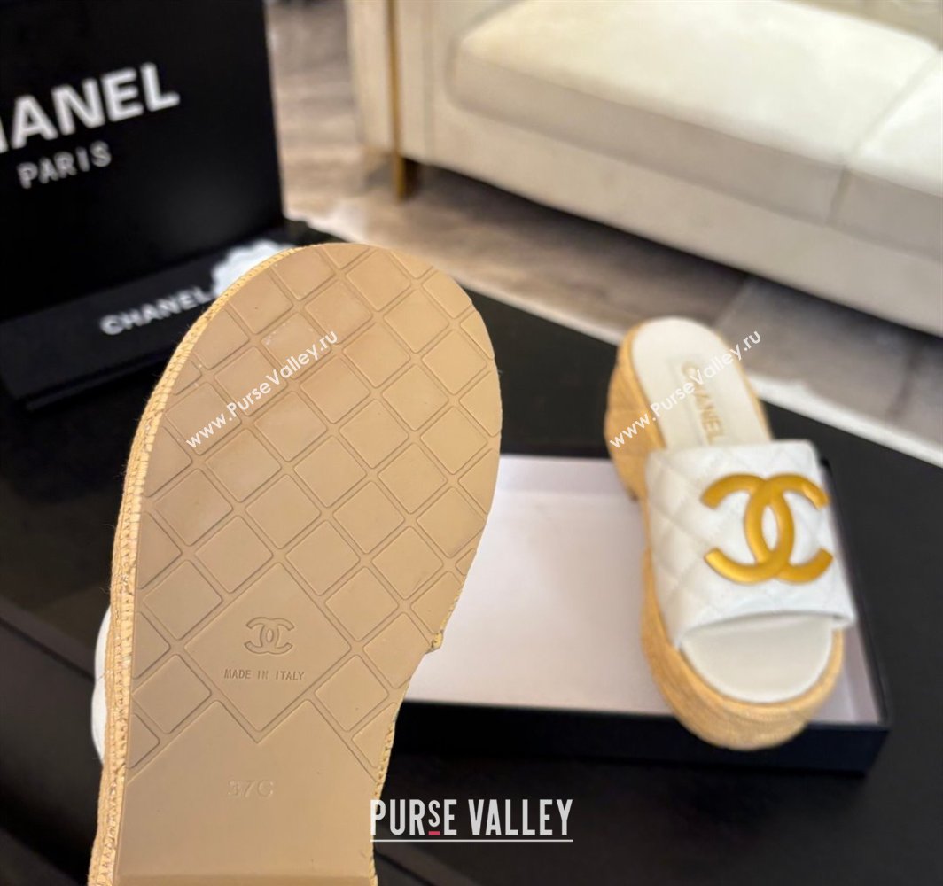 Chanel Shiny Calfskin Wedge Slides Sandal with Metal-Tone CC White 2025 CH030409 (MD-250304128)