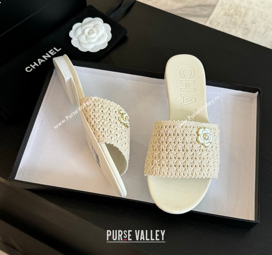 Chanel Crochet Flat Slides Sandal with Camellia Bloom White 2025 CH030101 (MD-250301020)