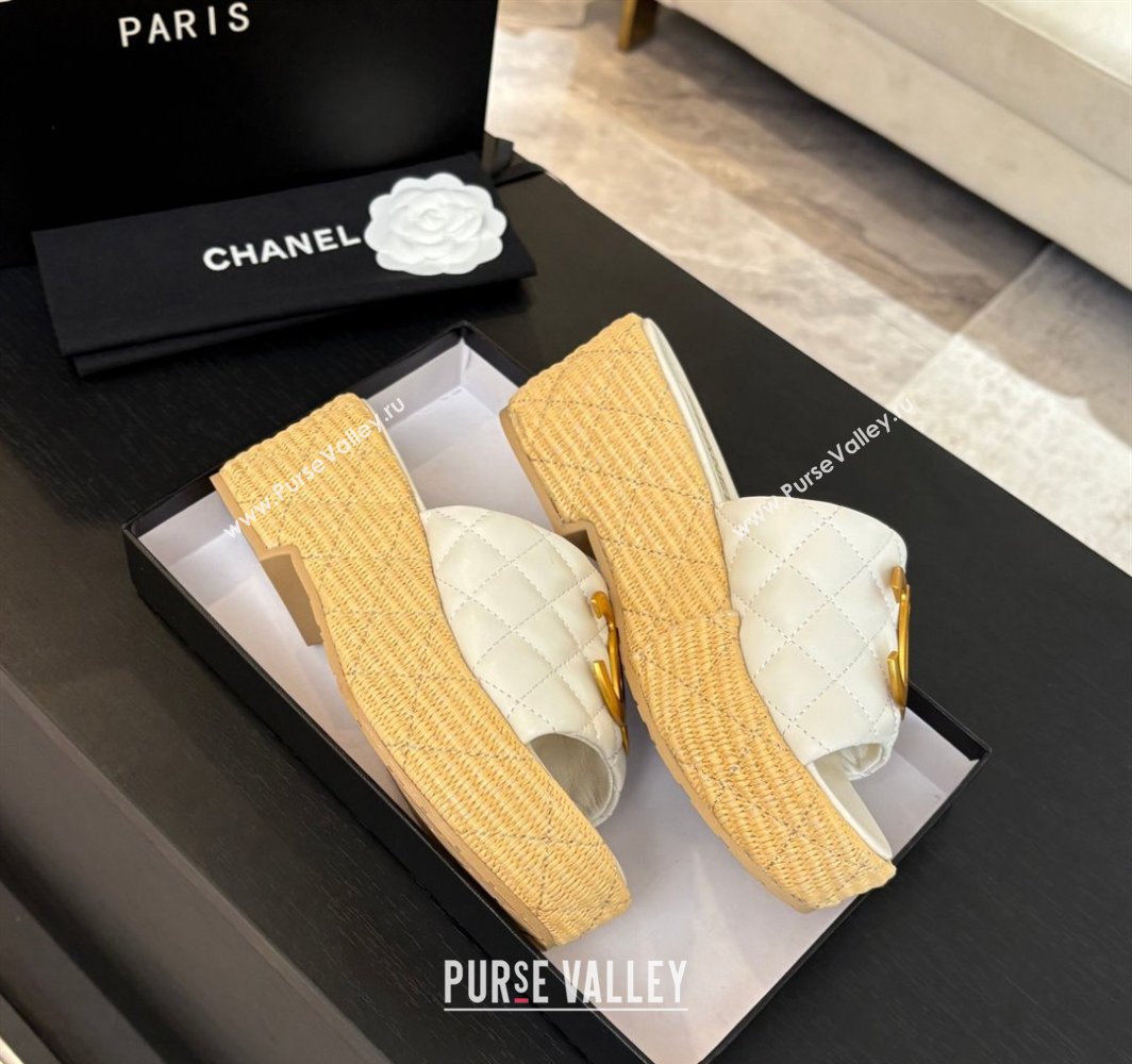 Chanel Shiny Calfskin Wedge Slides Sandal with Metal-Tone CC White 2025 CH030409 (MD-250304128)