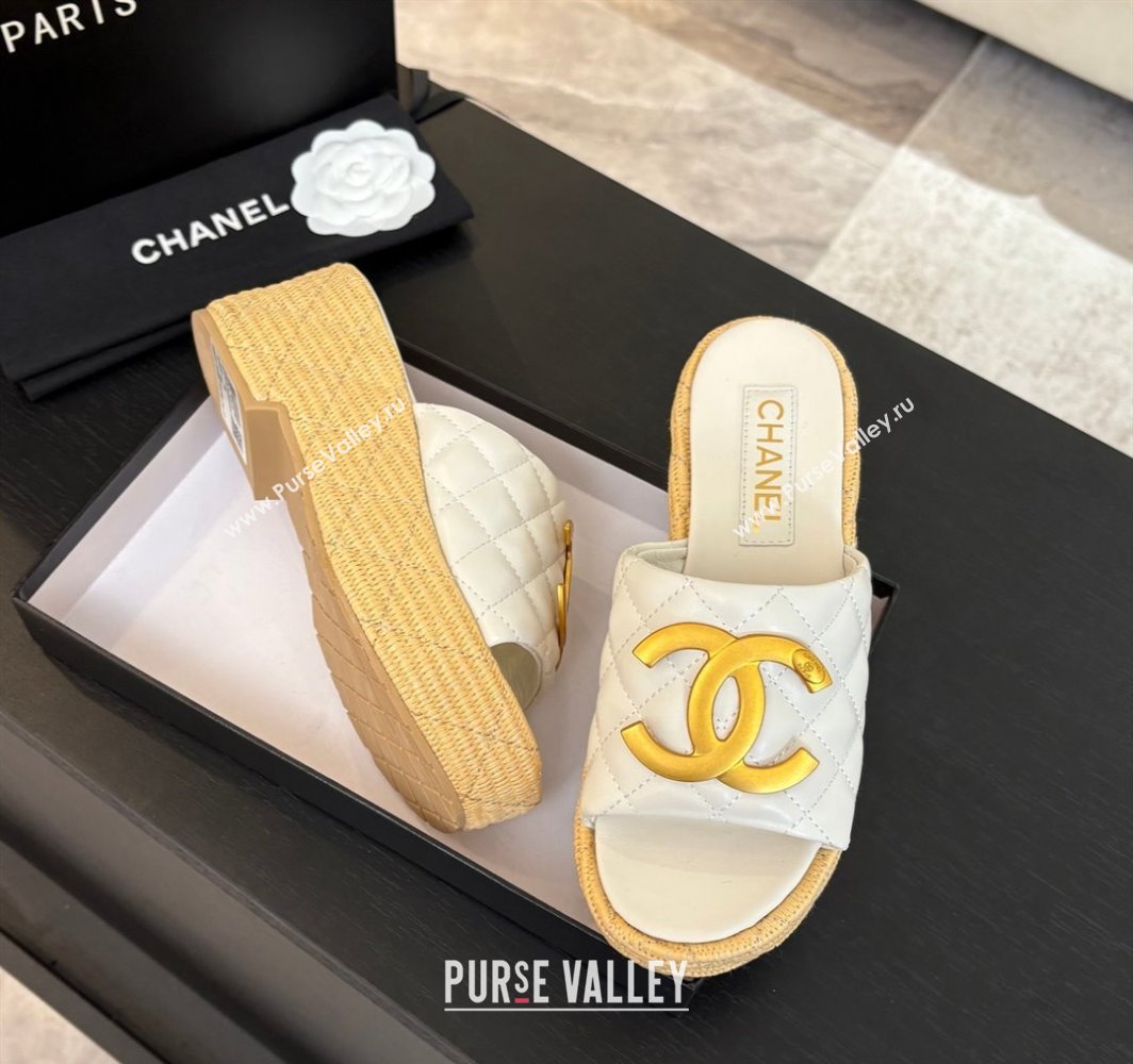 Chanel Shiny Calfskin Wedge Slides Sandal with Metal-Tone CC White 2025 CH030409 (MD-250304128)