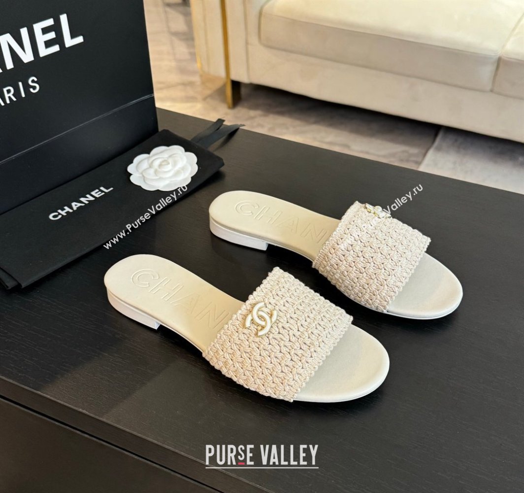 Chanel Crochet Flat Slides Sandal with Camellia Bloom White 2025 CH030101 (MD-250301020)