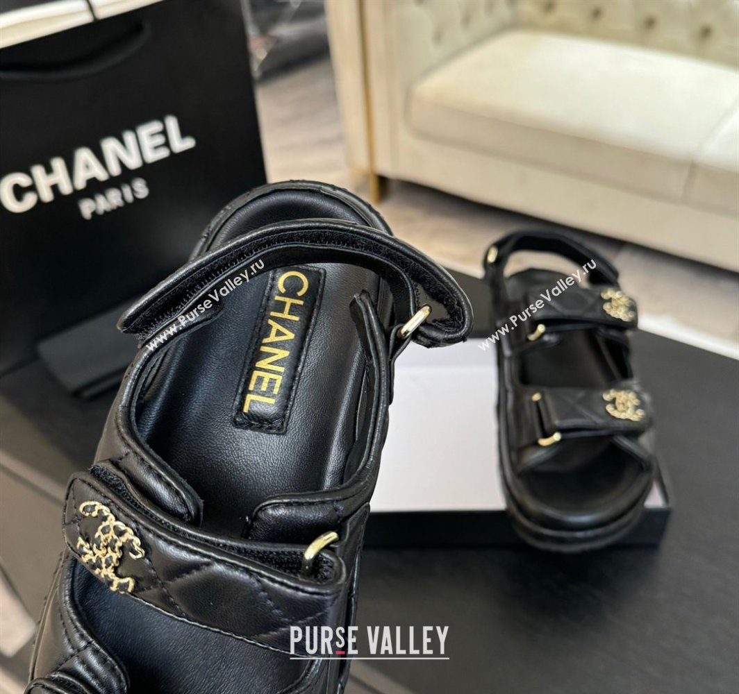 Chanel Quilted Lambskin Strap Flat Sandals with Chain CC Black 2025 CH030415 (MD-250304179)