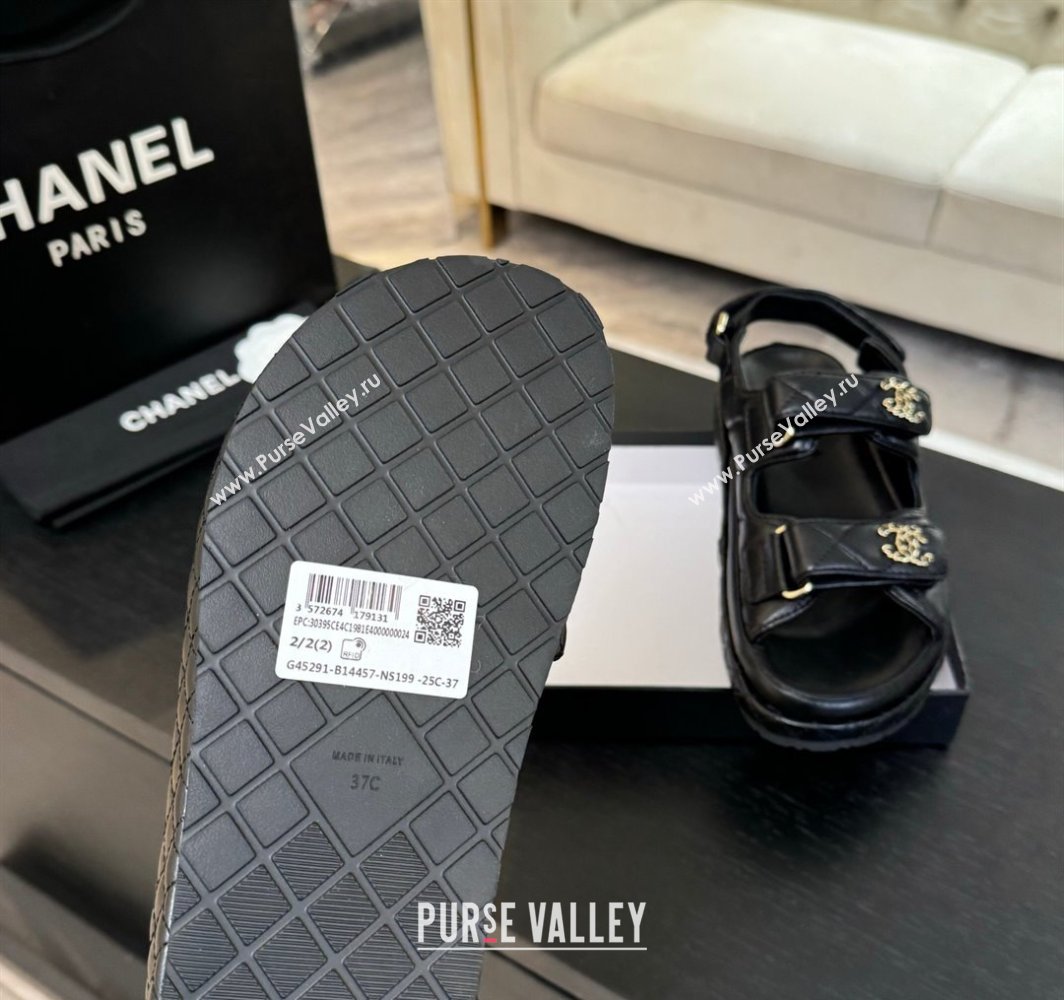 Chanel Quilted Lambskin Strap Flat Sandals with Chain CC Black 2025 CH030415 (MD-250304179)