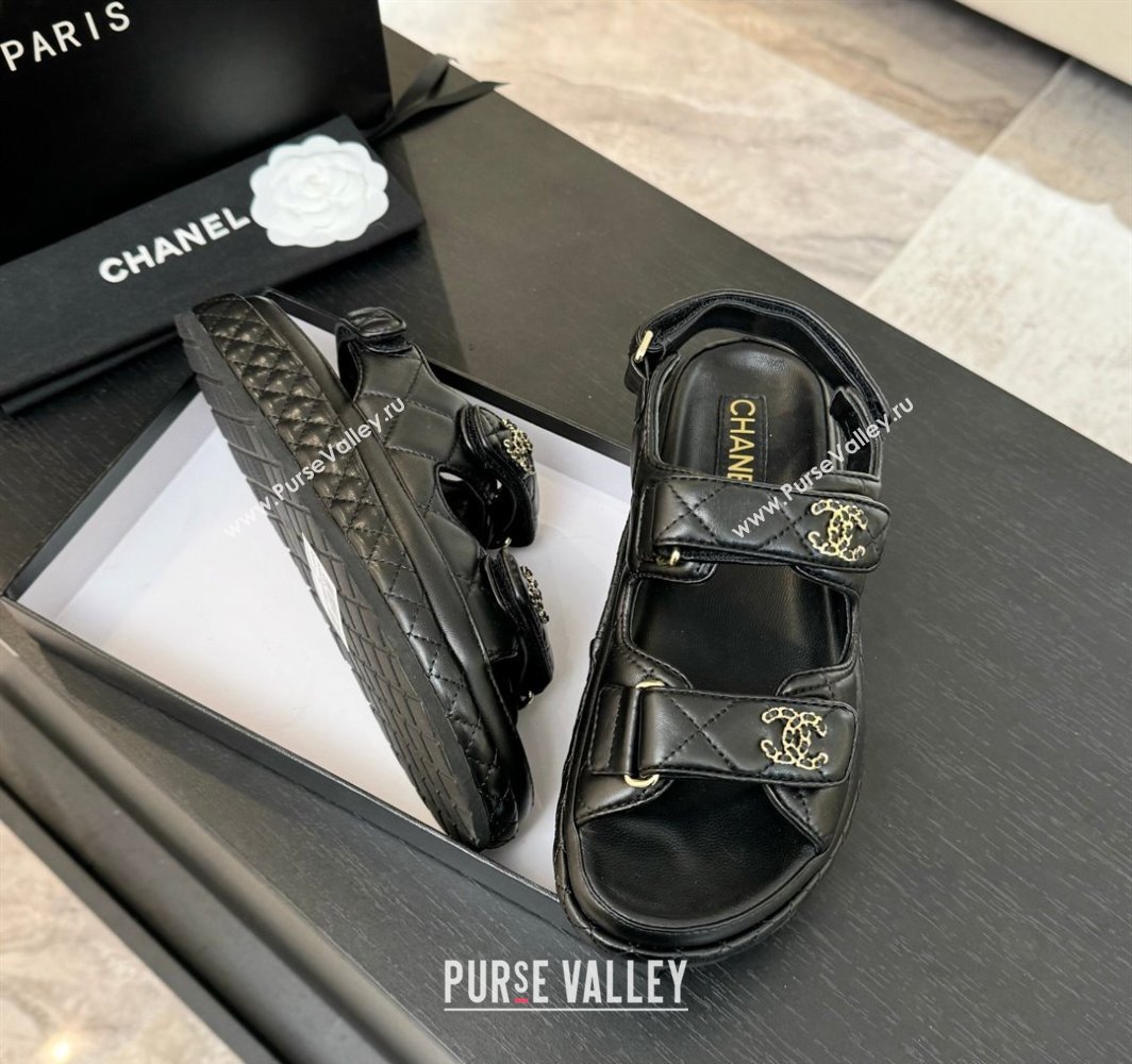 Chanel Quilted Lambskin Strap Flat Sandals with Chain CC Black 2025 CH030415 (MD-250304179)