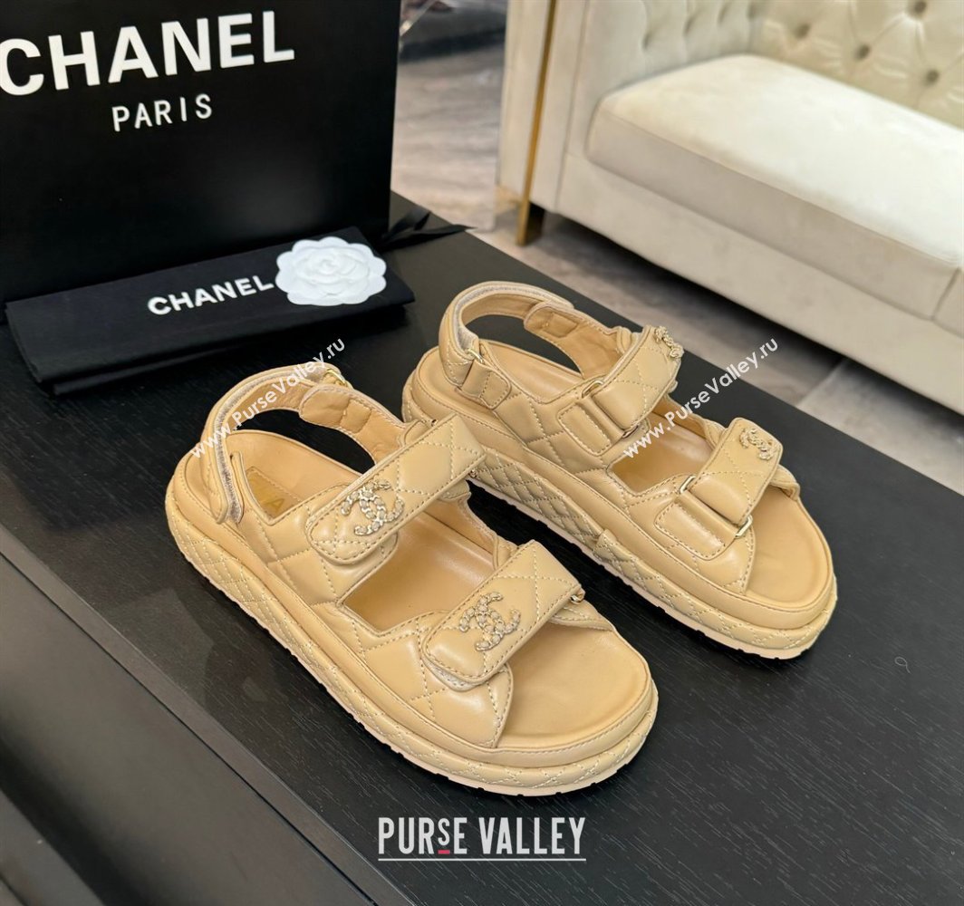 Chanel Quilted Lambskin Strap Flat Sandals with Chain CC Beige 2025 CH030415 (MD-250304180)