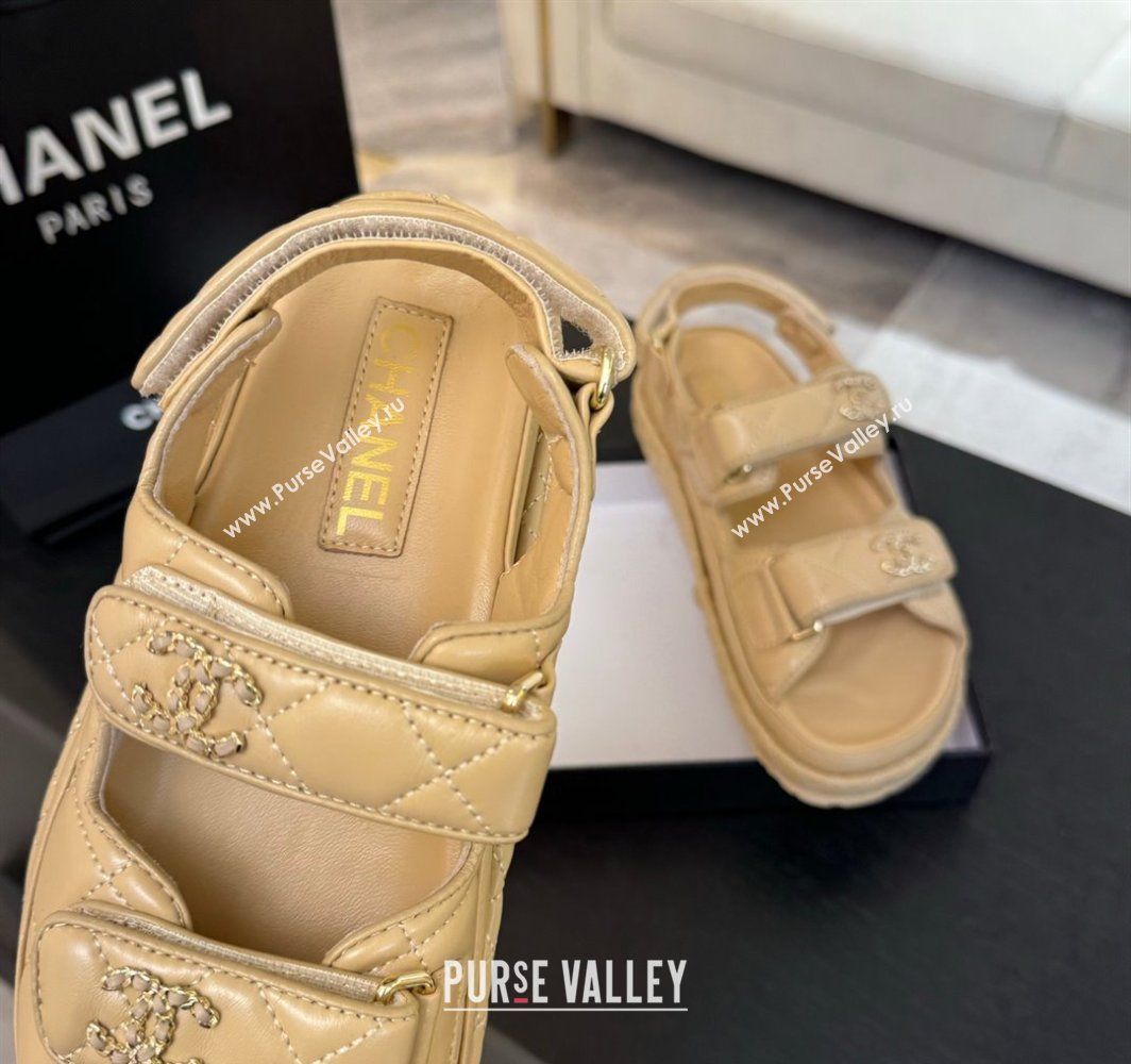 Chanel Quilted Lambskin Strap Flat Sandals with Chain CC Beige 2025 CH030415 (MD-250304180)