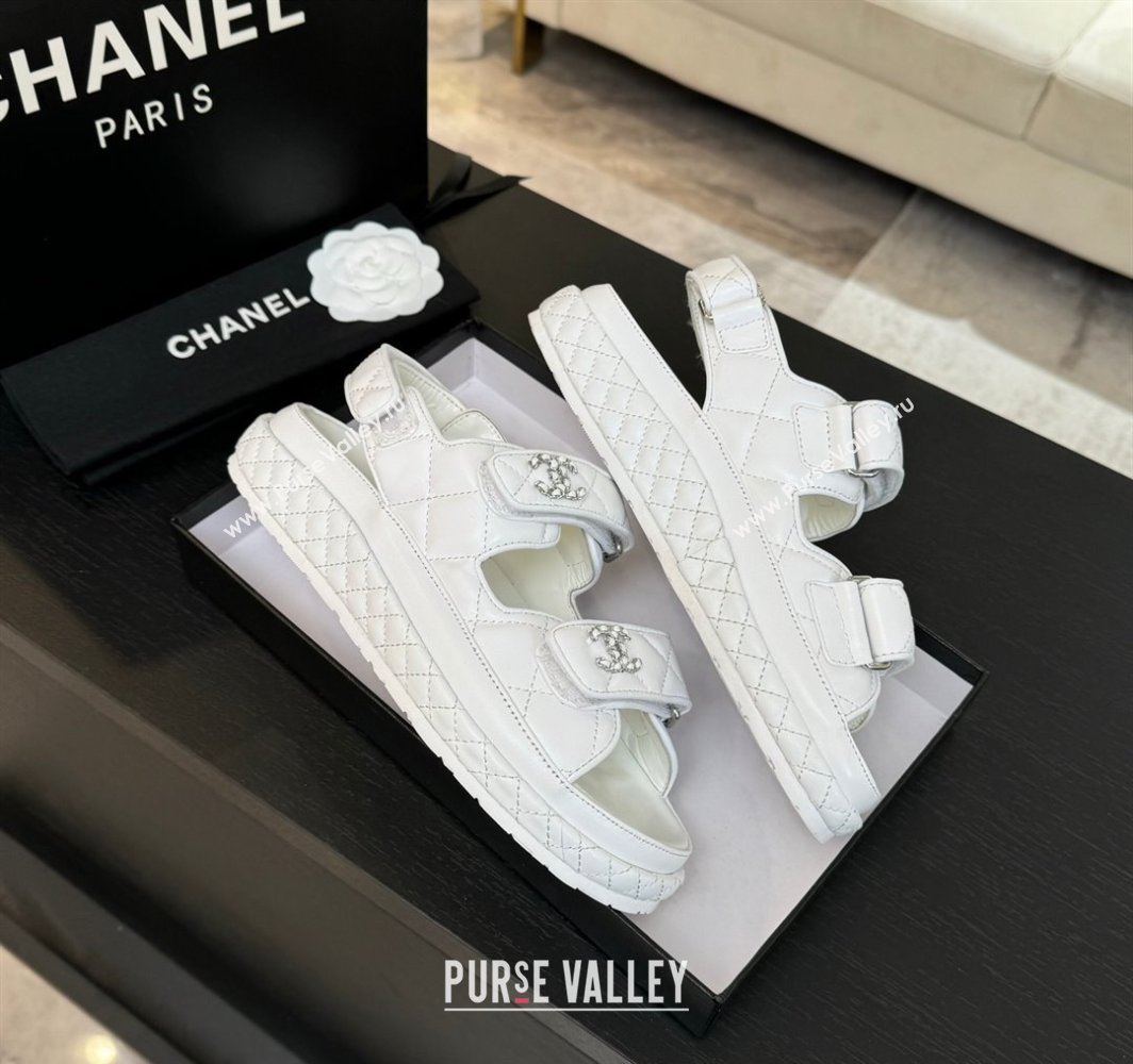 Chanel Quilted Lambskin Strap Flat Sandals with Chain CC White 2025 CH030415 (MD-250304181)