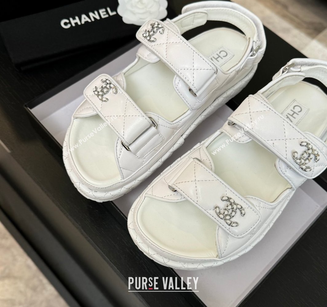 Chanel Quilted Lambskin Strap Flat Sandals with Chain CC White 2025 CH030415 (MD-250304181)