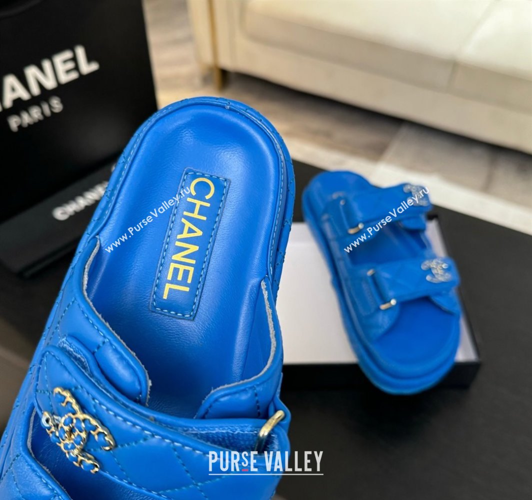 Chanel Quilted Lambskin Strap Flat Slides Sandal with Chain CC Blue 2025 CH030415 (MD-250304187)