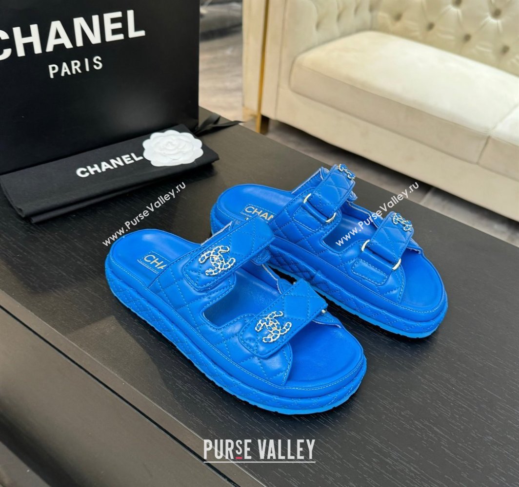 Chanel Quilted Lambskin Strap Flat Slides Sandal with Chain CC Blue 2025 CH030415 (MD-250304187)