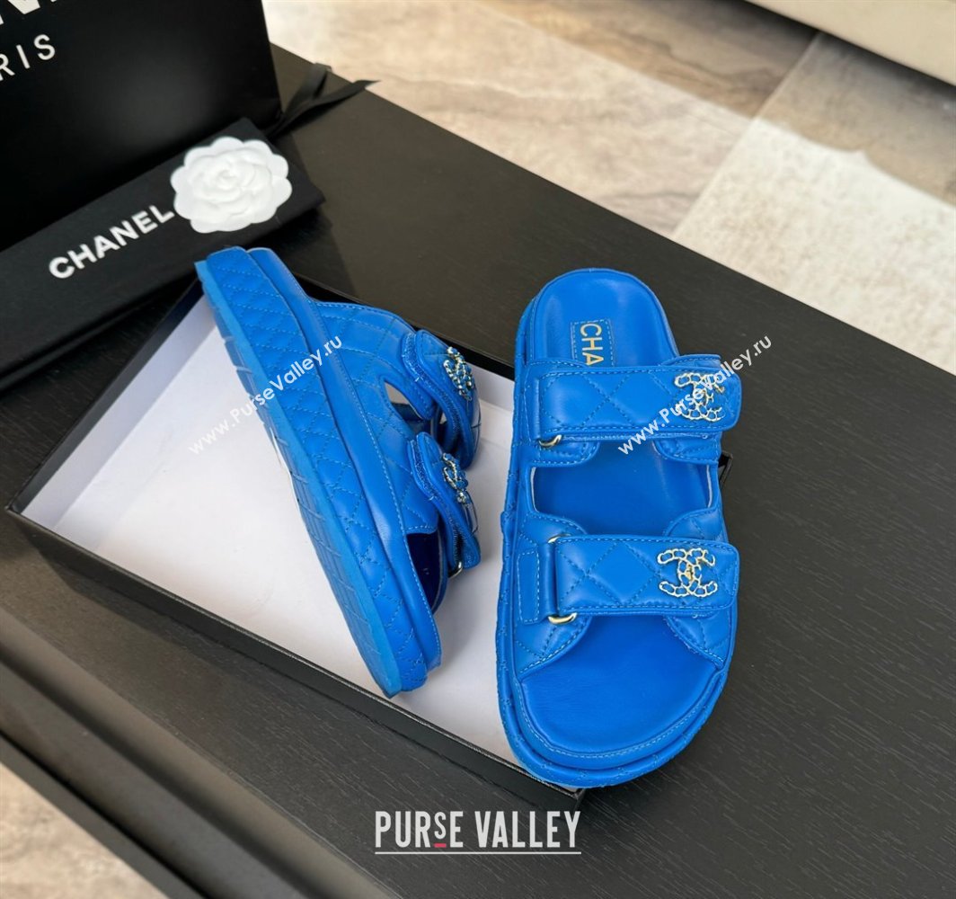 Chanel Quilted Lambskin Strap Flat Slides Sandal with Chain CC Blue 2025 CH030415 (MD-250304187)