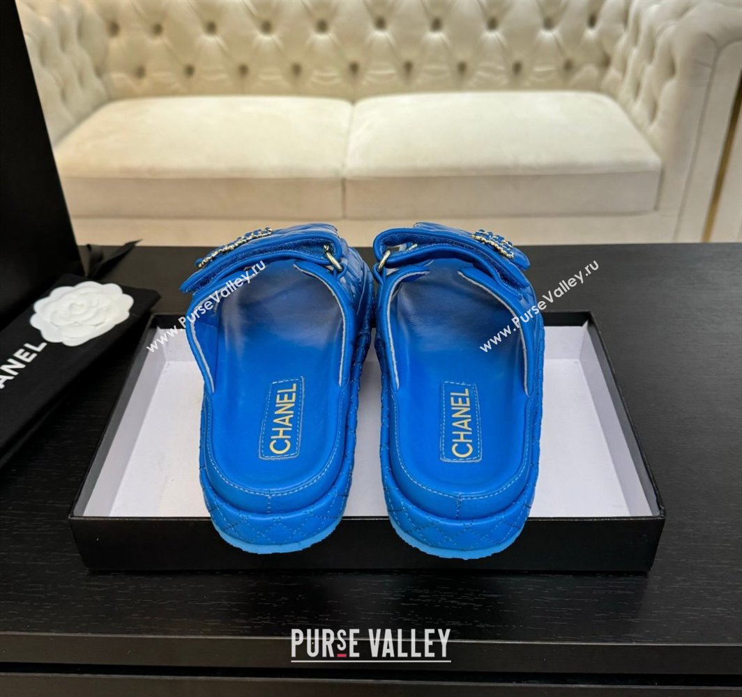 Chanel Quilted Lambskin Strap Flat Slides Sandal with Chain CC Blue 2025 CH030415 (MD-250304187)