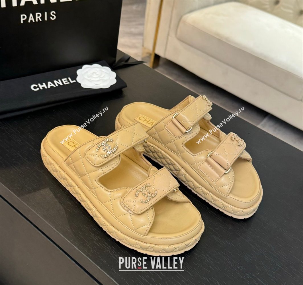 Chanel Quilted Lambskin Strap Flat Slides Sandal with Chain CC Beige 2025 CH030415 (MD-250304189)