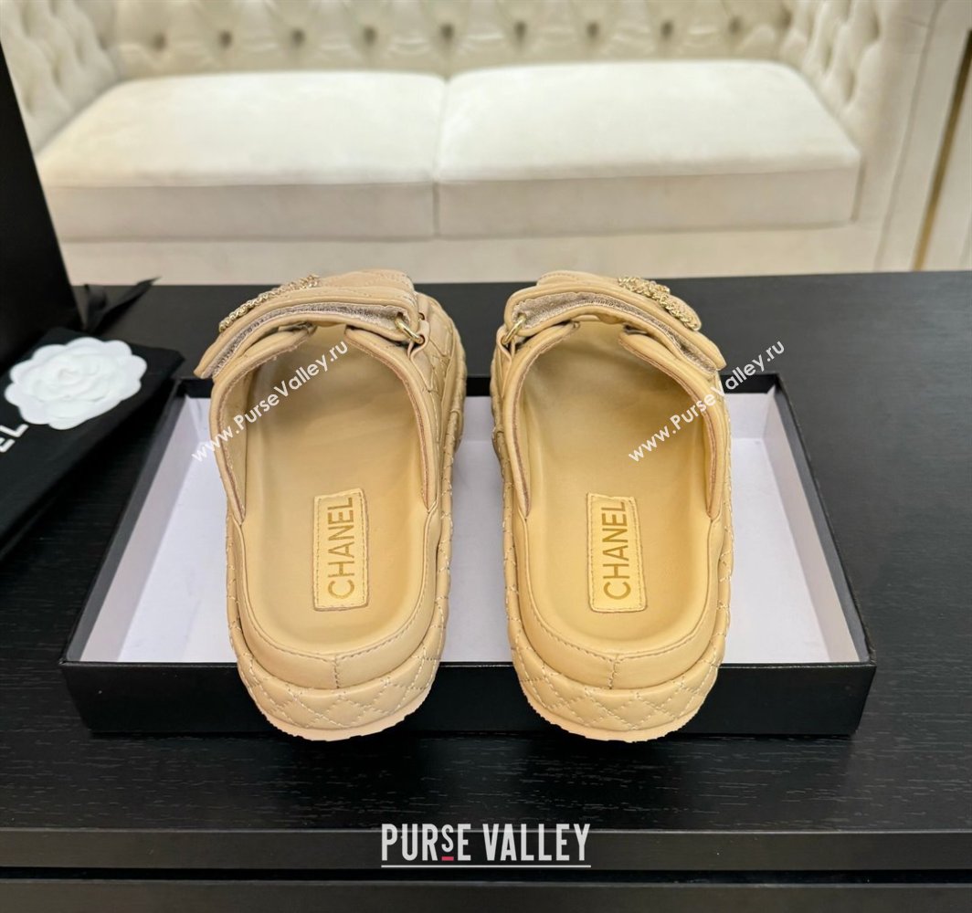 Chanel Quilted Lambskin Strap Flat Slides Sandal with Chain CC Beige 2025 CH030415 (MD-250304189)