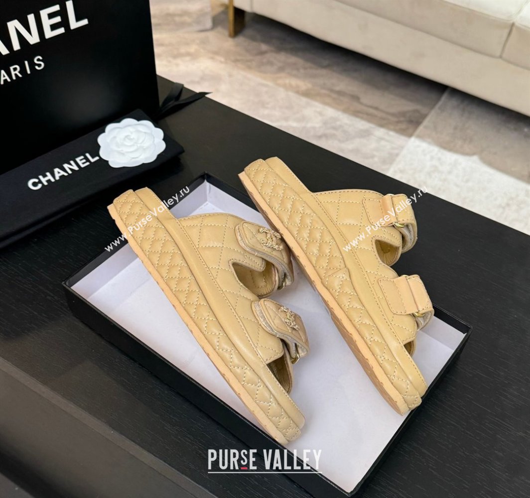 Chanel Quilted Lambskin Strap Flat Slides Sandal with Chain CC Beige 2025 CH030415 (MD-250304189)