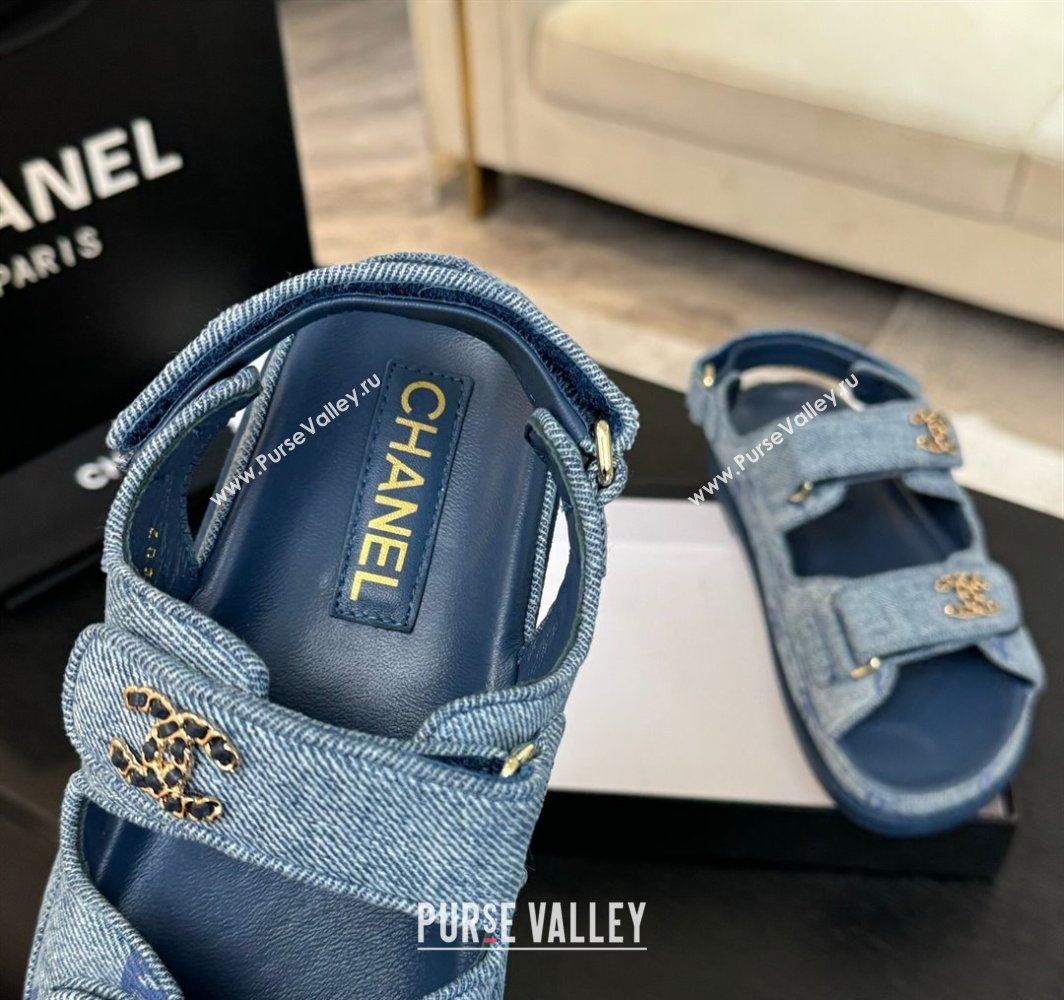 Chanel CC Canvas Strap Flat Sandals with Chain CC Blue 2025 CH030415 (MD-250304184)