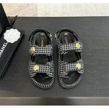 Chanel Tweed Strap Flat Sandals with Round Buckle Black 2025 CH030416 (MD-250304193)