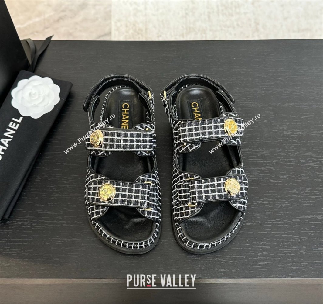 Chanel Tweed Strap Flat Sandals with Round Buckle Black 2025 CH030416 (MD-250304193)