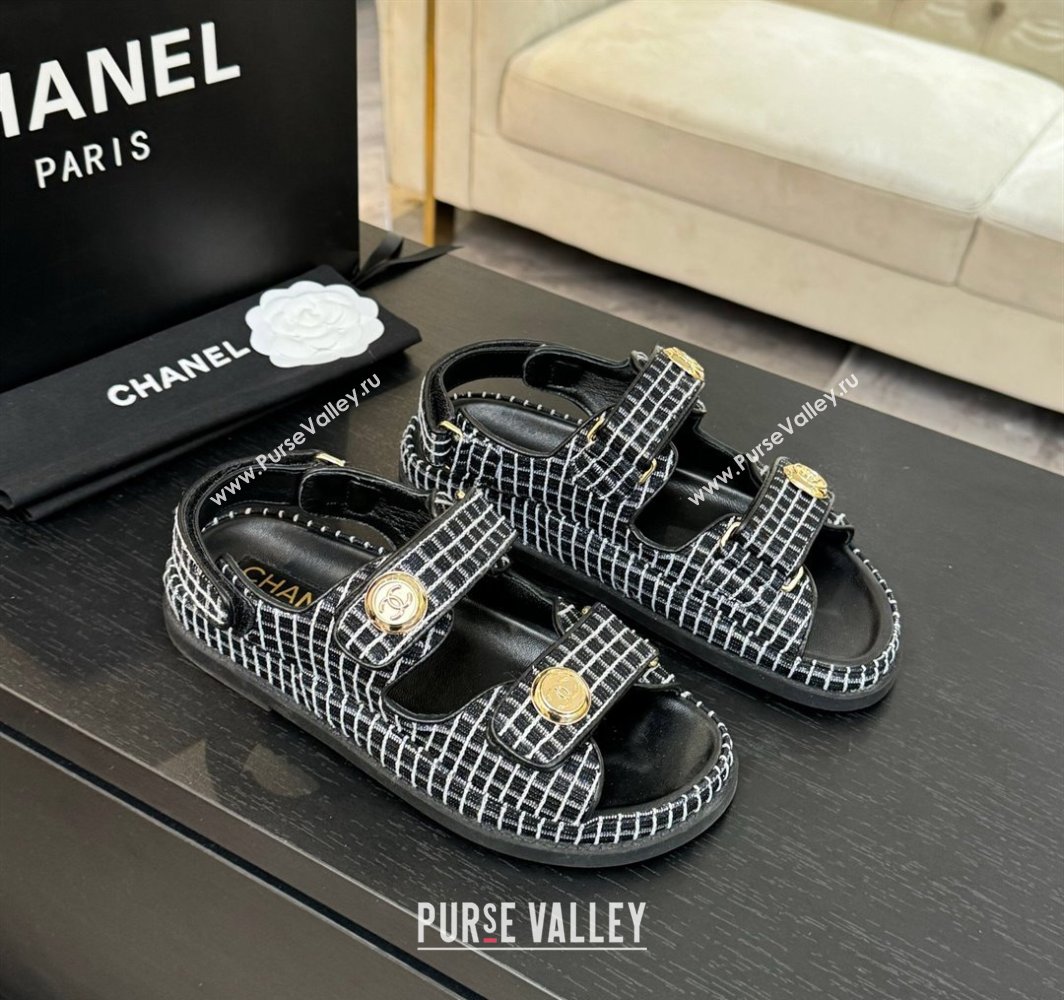 Chanel Tweed Strap Flat Sandals with Round Buckle Black 2025 CH030416 (MD-250304193)
