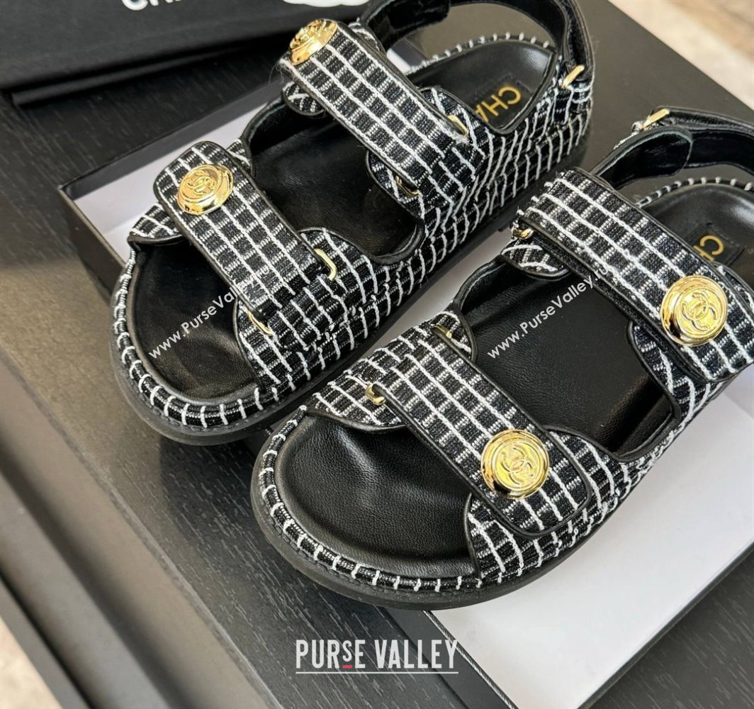 Chanel Tweed Strap Flat Sandals with Round Buckle Black 2025 CH030416 (MD-250304193)