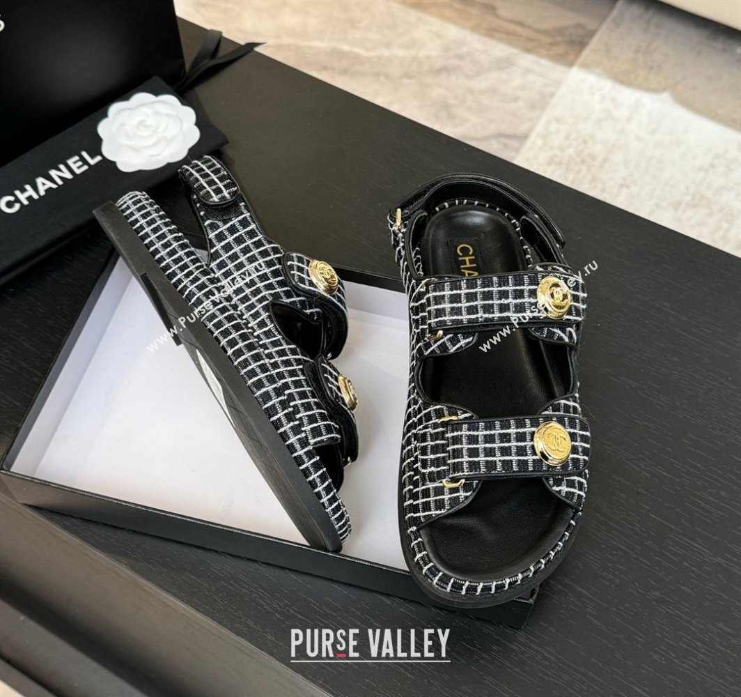 Chanel Tweed Strap Flat Sandals with Round Buckle Black 2025 CH030416 (MD-250304193)