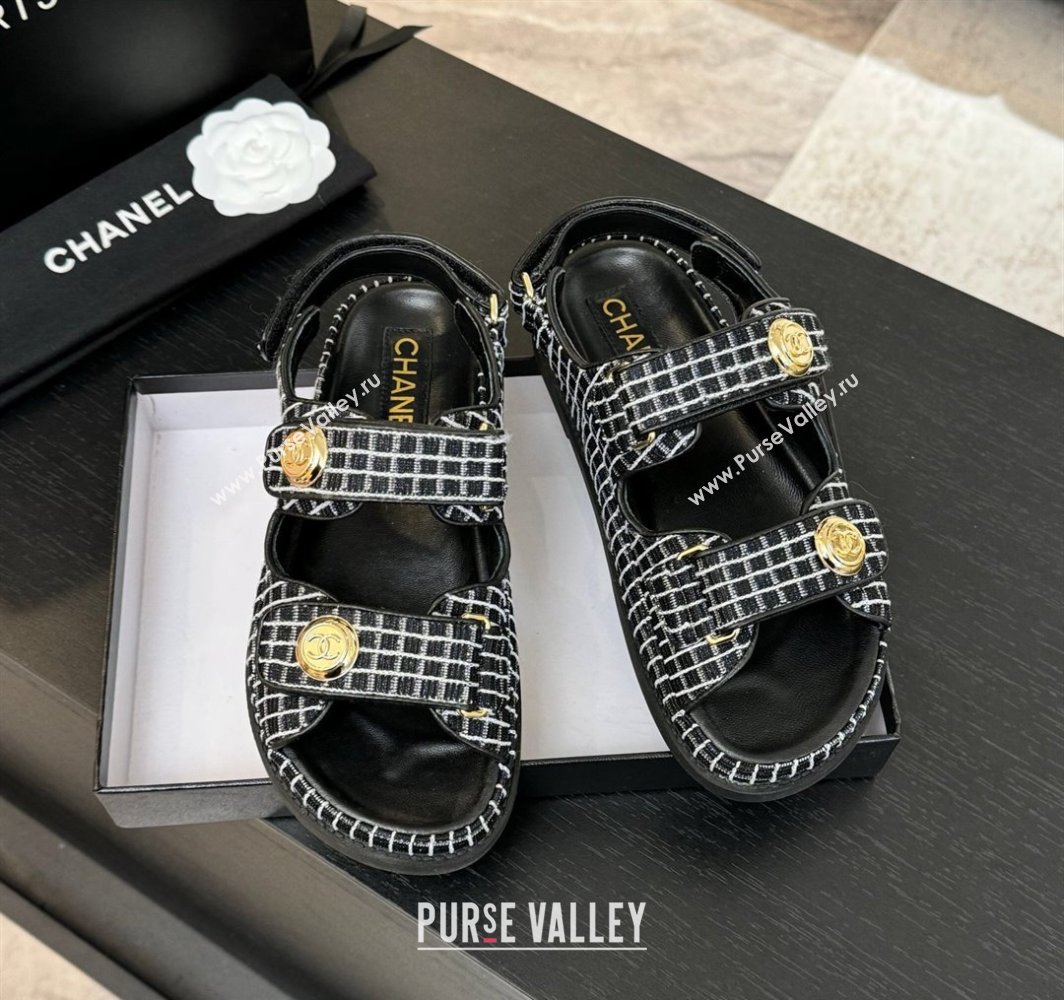 Chanel Tweed Strap Flat Sandals with Round Buckle Black 2025 CH030416 (MD-250304193)