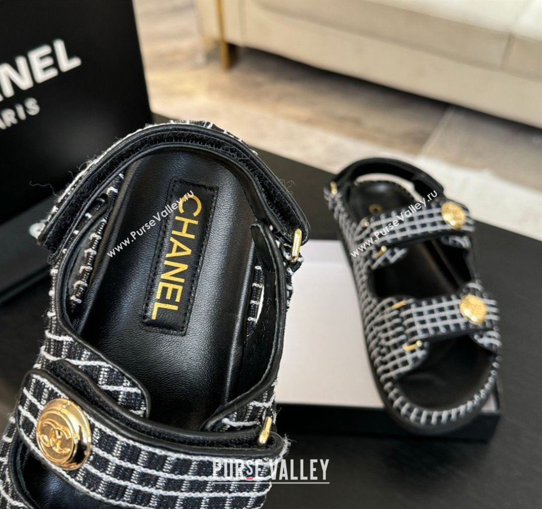 Chanel Tweed Strap Flat Sandals with Round Buckle Black 2025 CH030416 (MD-250304193)