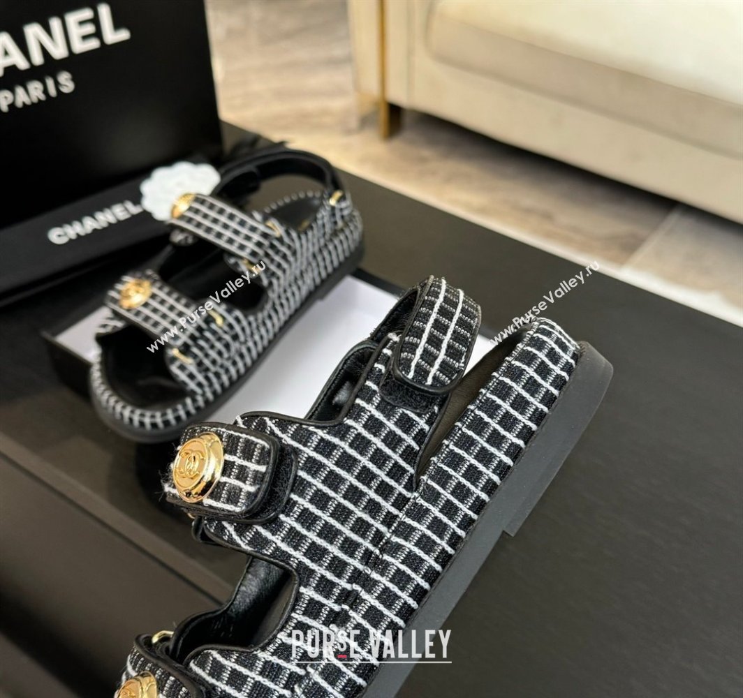 Chanel Tweed Strap Flat Sandals with Round Buckle Black 2025 CH030416 (MD-250304193)