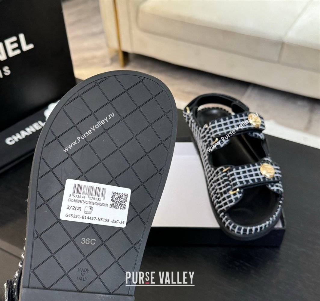Chanel Tweed Strap Flat Sandals with Round Buckle Black 2025 CH030416 (MD-250304193)