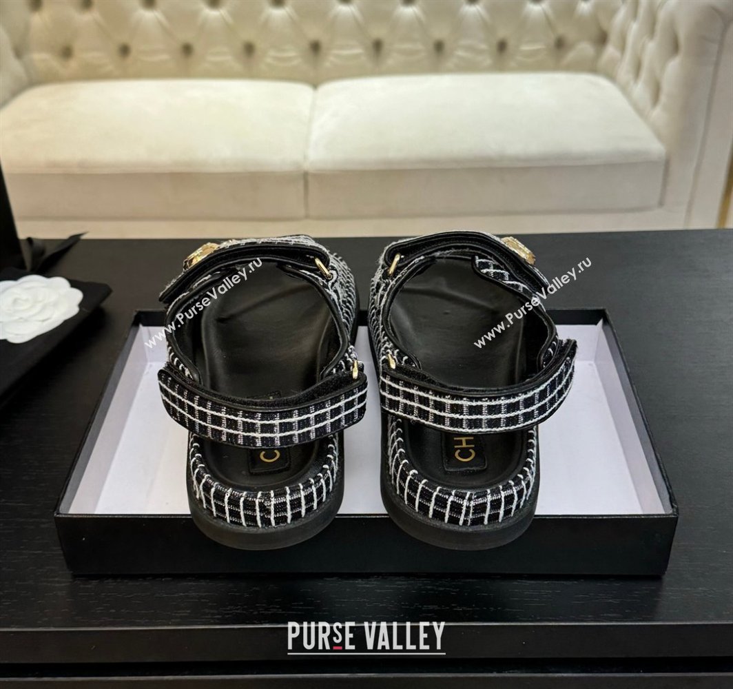 Chanel Tweed Strap Flat Sandals with Round Buckle Black 2025 CH030416 (MD-250304193)