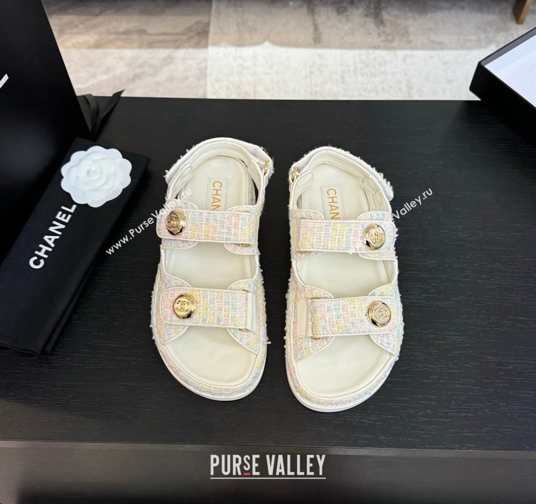 Chanel Tweed Strap Flat Sandals with Round Buckle White/Multi 2025 CH030416 (MD-250304194)