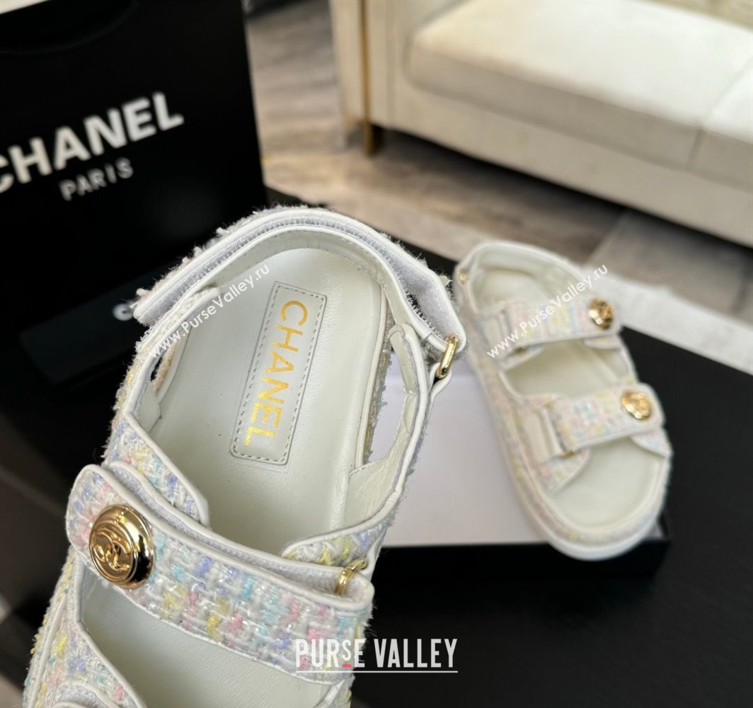 Chanel Tweed Strap Flat Sandals with Round Buckle White/Multi 2025 CH030416 (MD-250304194)