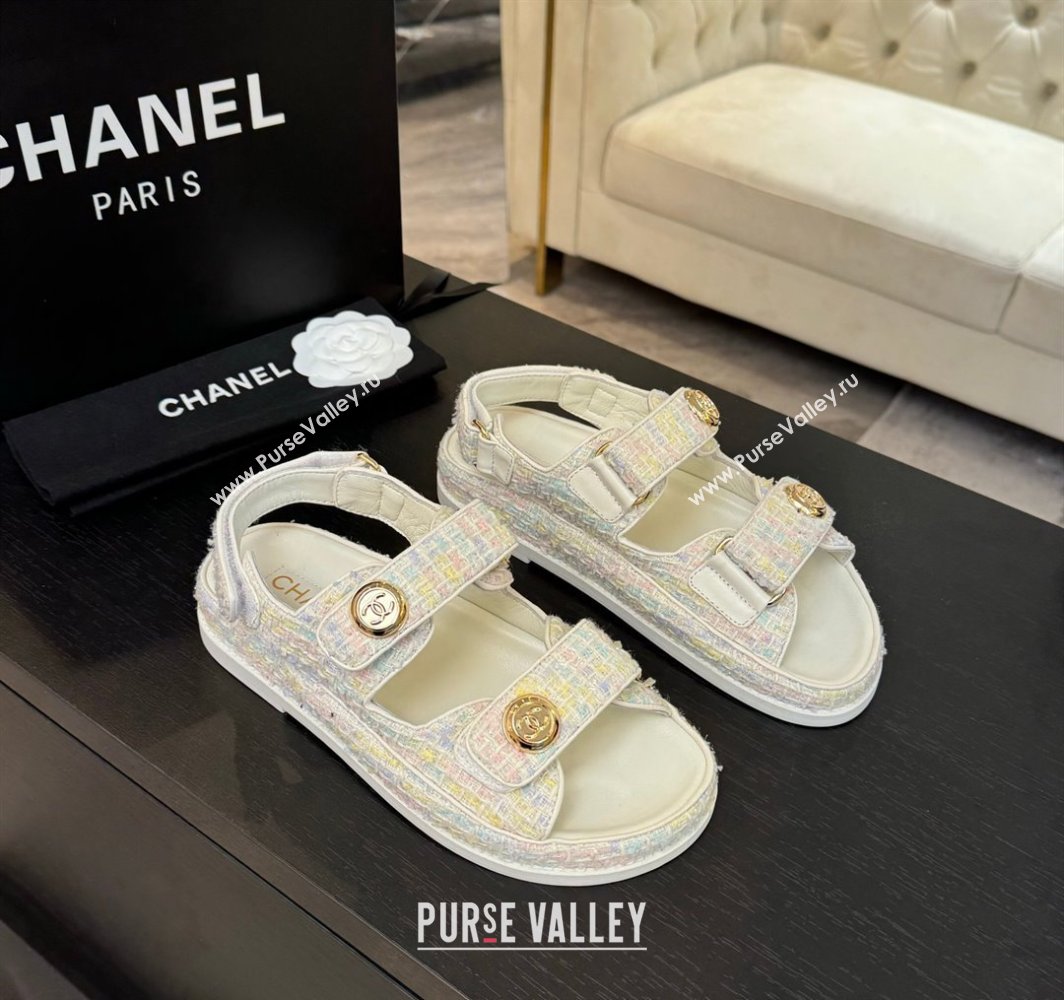 Chanel Tweed Strap Flat Sandals with Round Buckle White/Multi 2025 CH030416 (MD-250304194)