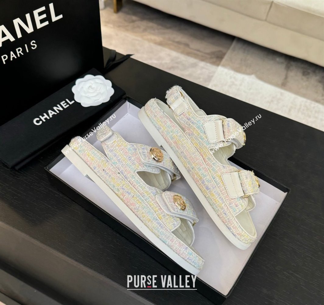 Chanel Tweed Strap Flat Sandals with Round Buckle White/Multi 2025 CH030416 (MD-250304194)