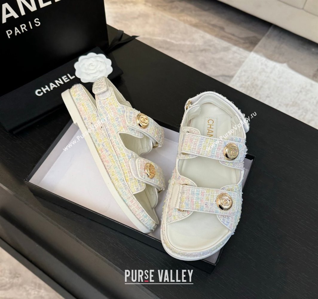 Chanel Tweed Strap Flat Sandals with Round Buckle White/Multi 2025 CH030416 (MD-250304194)