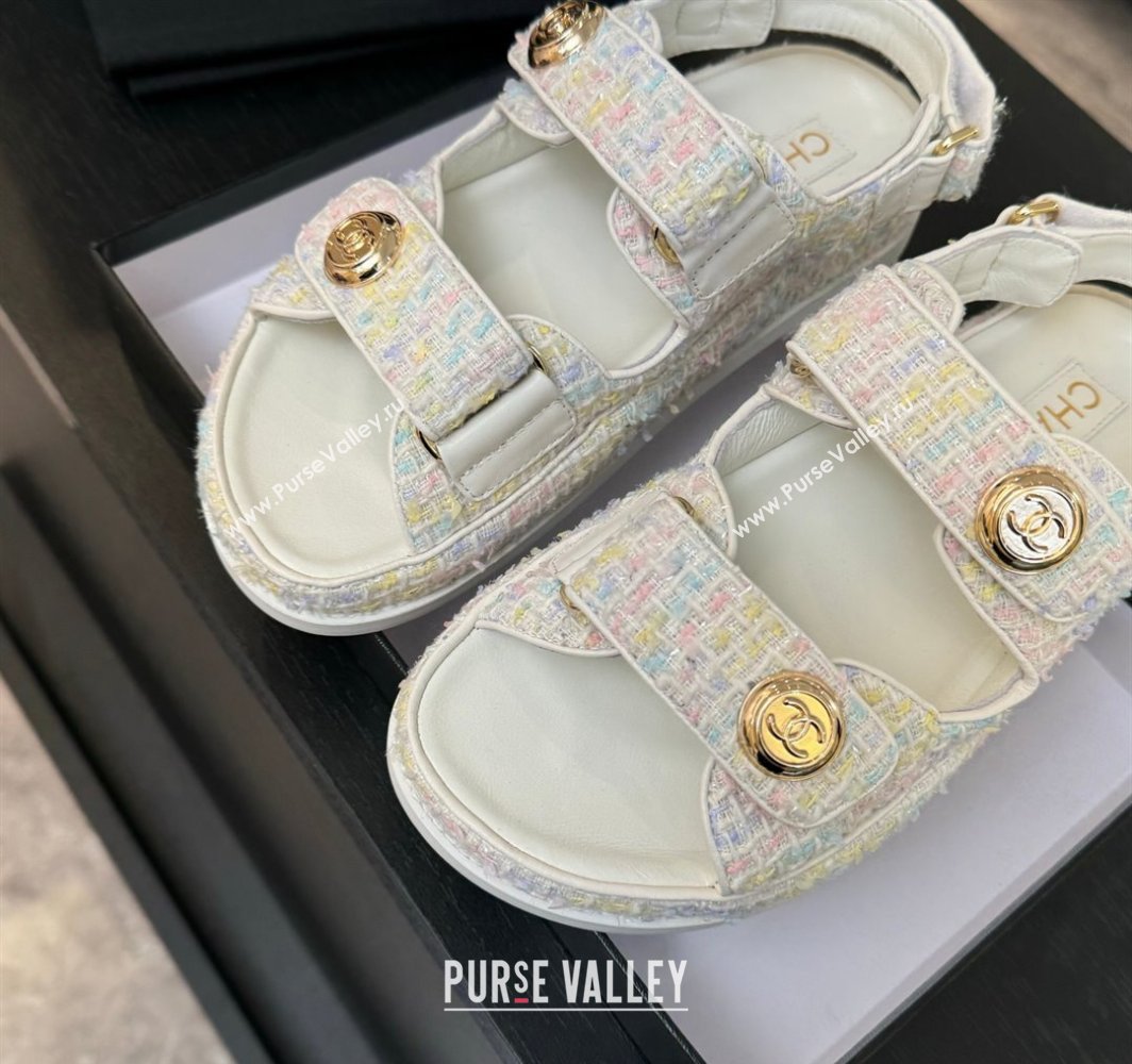 Chanel Tweed Strap Flat Sandals with Round Buckle White/Multi 2025 CH030416 (MD-250304194)