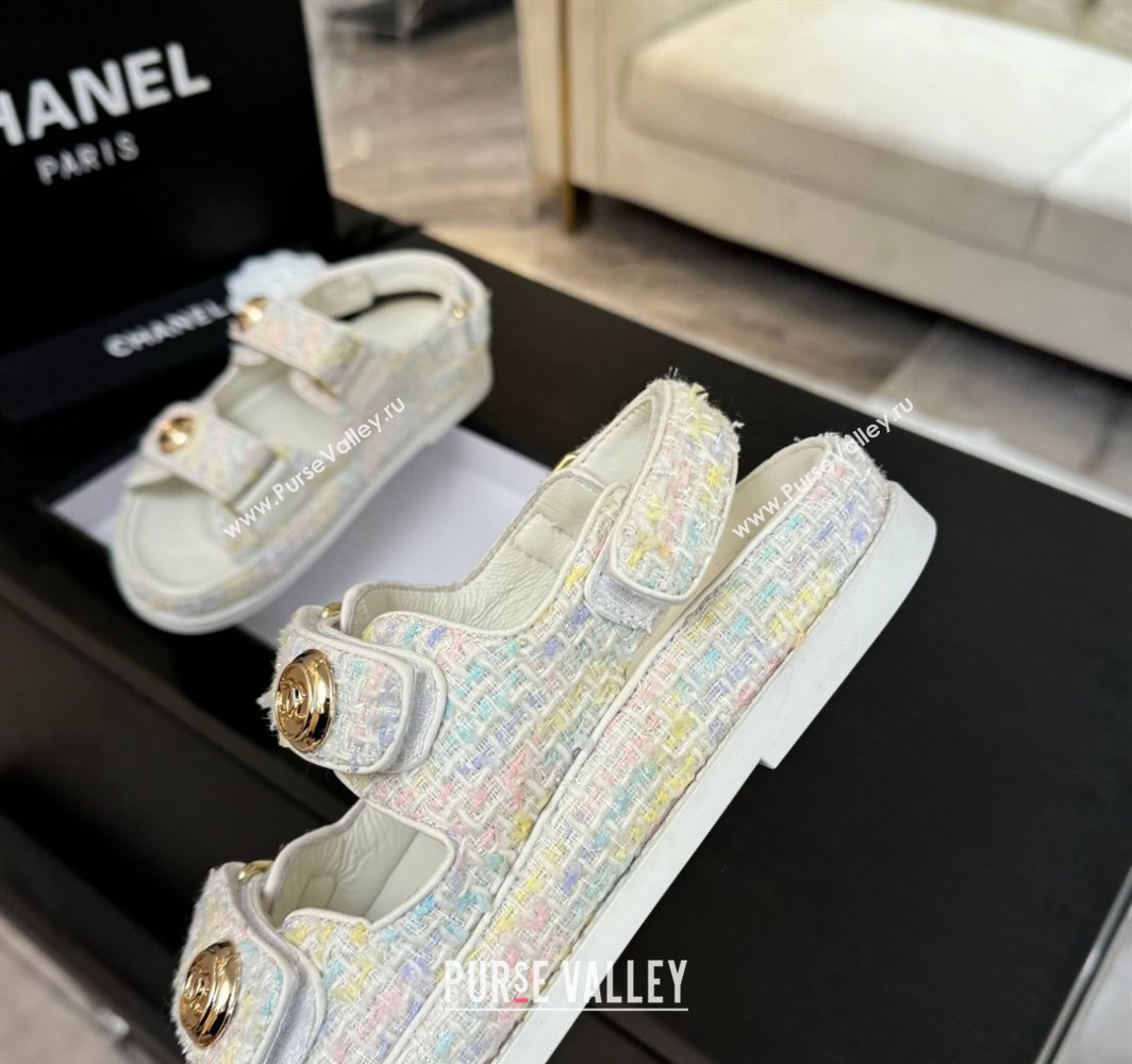 Chanel Tweed Strap Flat Sandals with Round Buckle White/Multi 2025 CH030416 (MD-250304194)