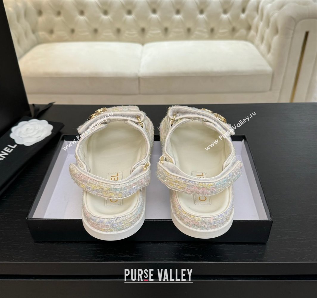 Chanel Tweed Strap Flat Sandals with Round Buckle White/Multi 2025 CH030416 (MD-250304194)