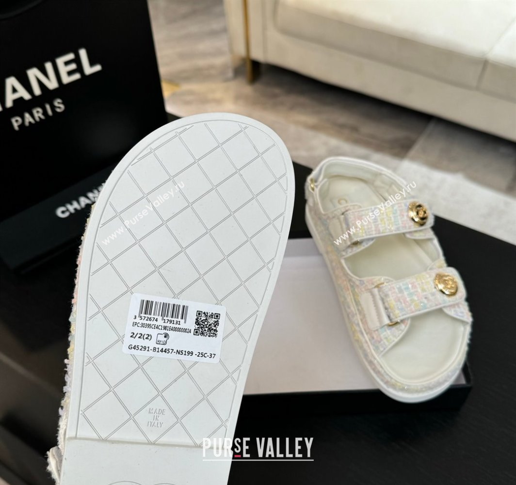 Chanel Tweed Strap Flat Sandals with Round Buckle White/Multi 2025 CH030416 (MD-250304194)