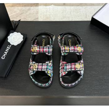Chanel Tweed Strap Flat Sandals with Round Buckle Black/Multi 2025 CH030416 (MD-250304196)