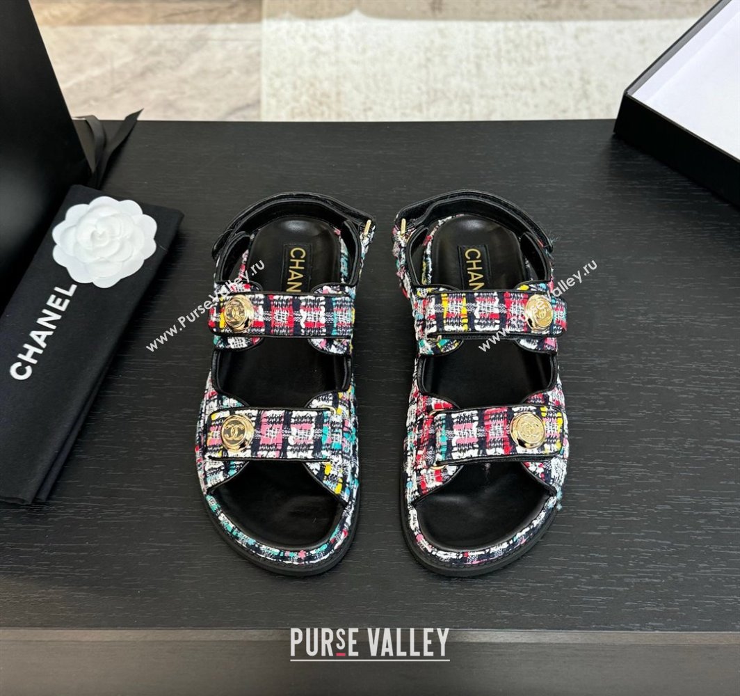 Chanel Tweed Strap Flat Sandals with Round Buckle Black/Multi 2025 CH030416 (MD-250304196)