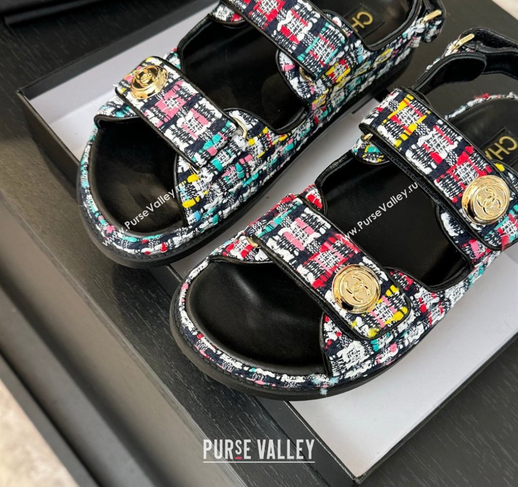 Chanel Tweed Strap Flat Sandals with Round Buckle Black/Multi 2025 CH030416 (MD-250304196)