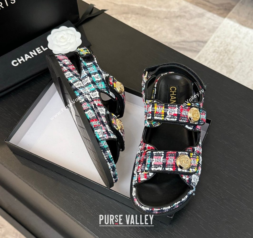 Chanel Tweed Strap Flat Sandals with Round Buckle Black/Multi 2025 CH030416 (MD-250304196)