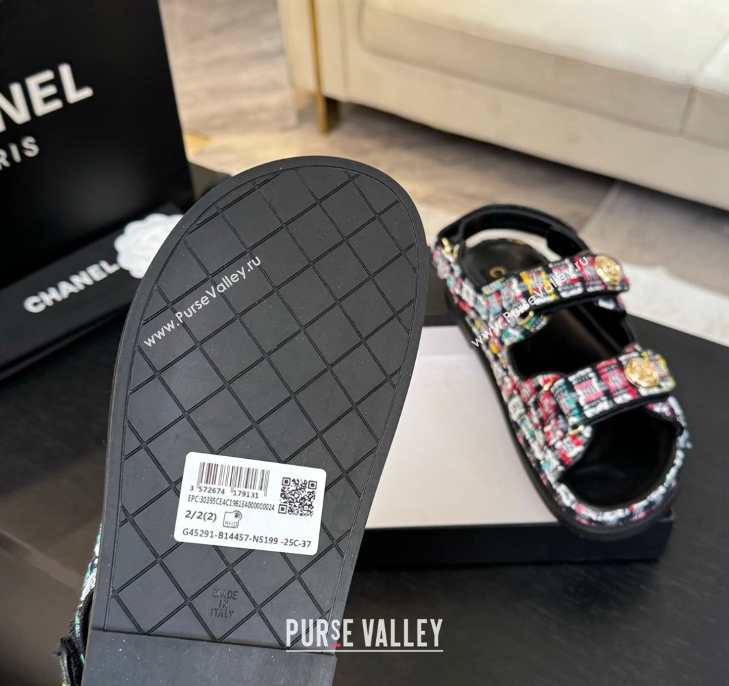 Chanel Tweed Strap Flat Sandals with Round Buckle Black/Multi 2025 CH030416 (MD-250304196)