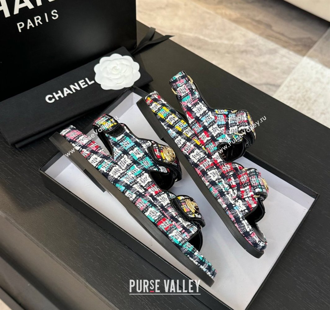 Chanel Tweed Strap Flat Sandals with Round Buckle Black/Multi 2025 CH030416 (MD-250304196)