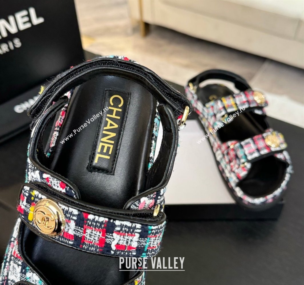 Chanel Tweed Strap Flat Sandals with Round Buckle Black/Multi 2025 CH030416 (MD-250304196)