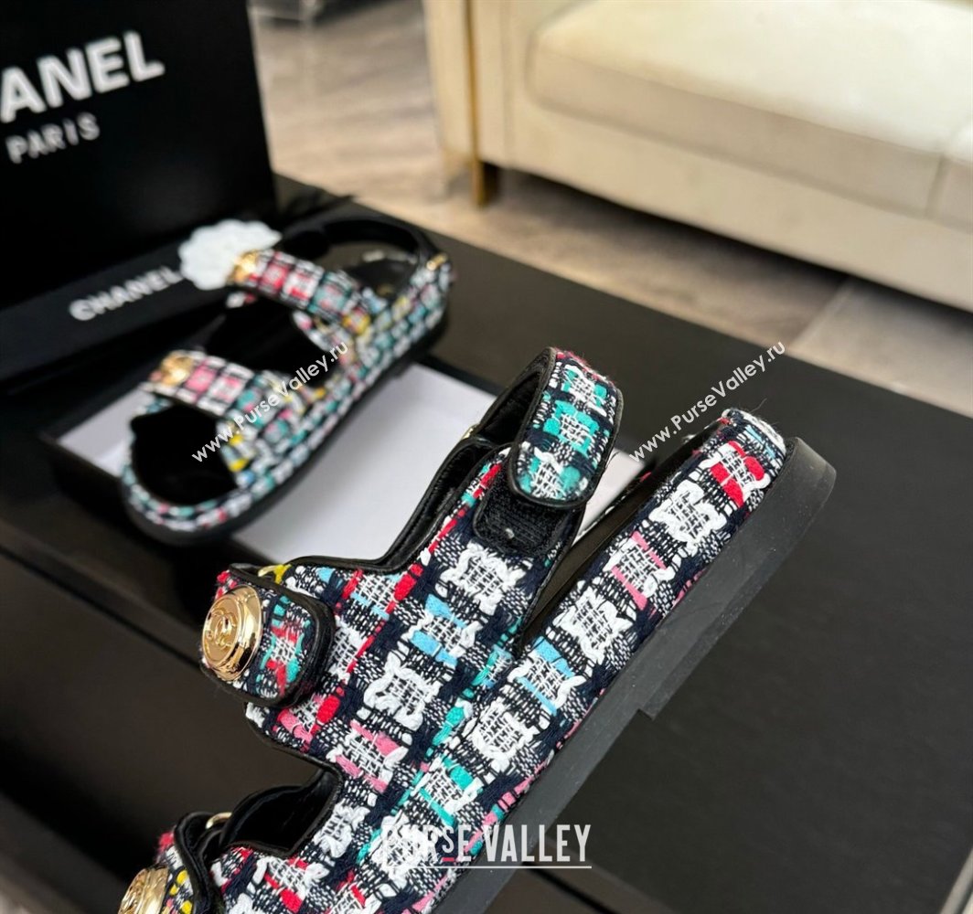 Chanel Tweed Strap Flat Sandals with Round Buckle Black/Multi 2025 CH030416 (MD-250304196)