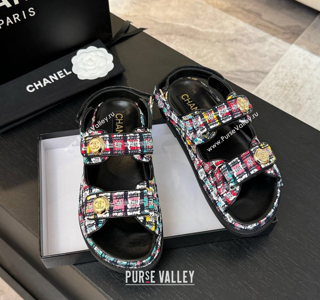 Chanel Tweed Strap Flat Sandals with Round Buckle Black/Multi 2025 CH030416 (MD-250304196)