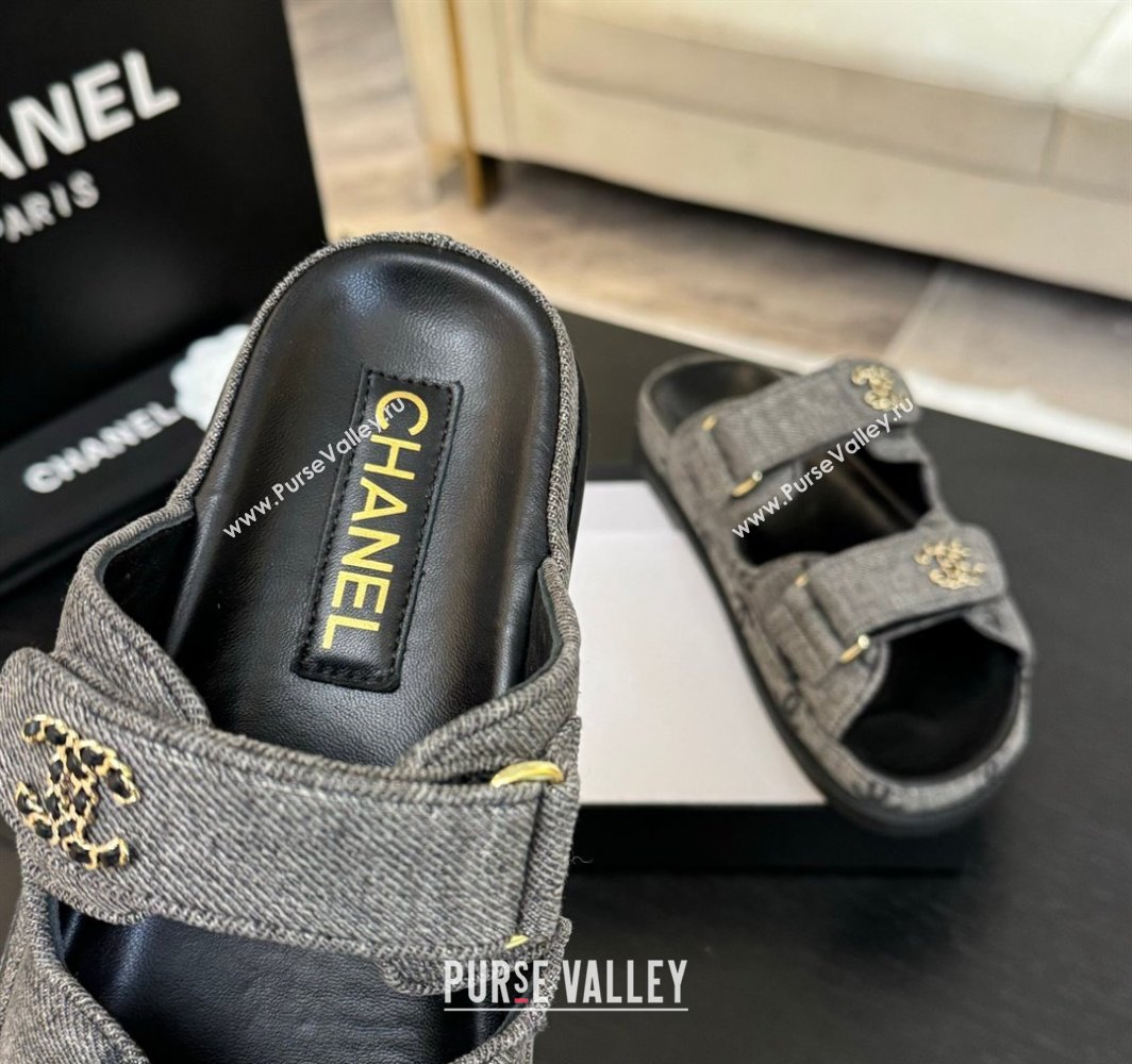 Chanel CC Canvas Strap Flat Slides Sandal with Chain CC Grey 2025 CH030415 (MD-250304185)